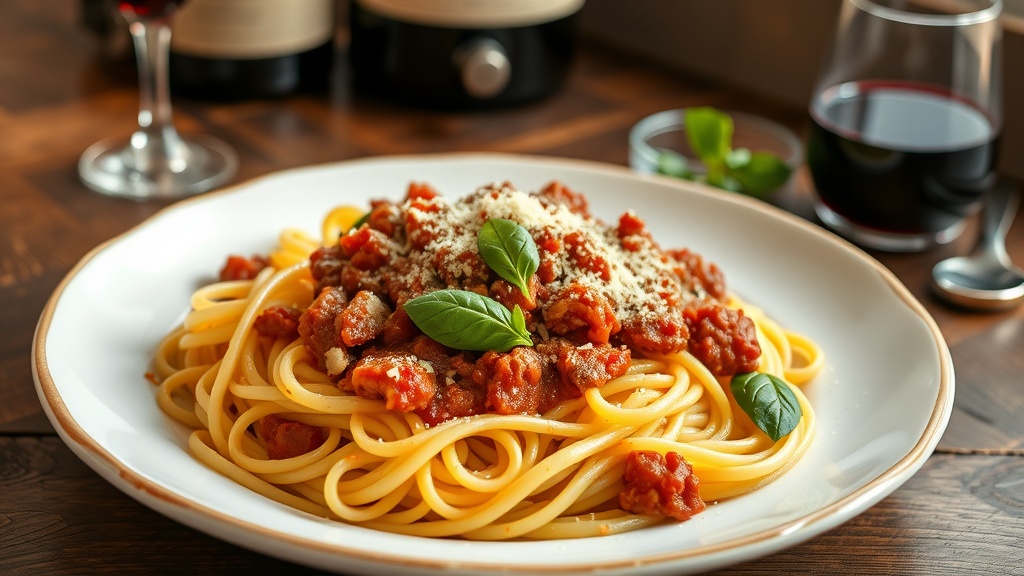 Classic Spaghetti Bolognese Recipe A delicious plate of spaghetti Bolognese topped with meat sauce, Parmesan cheese, and basil on a wooden table.